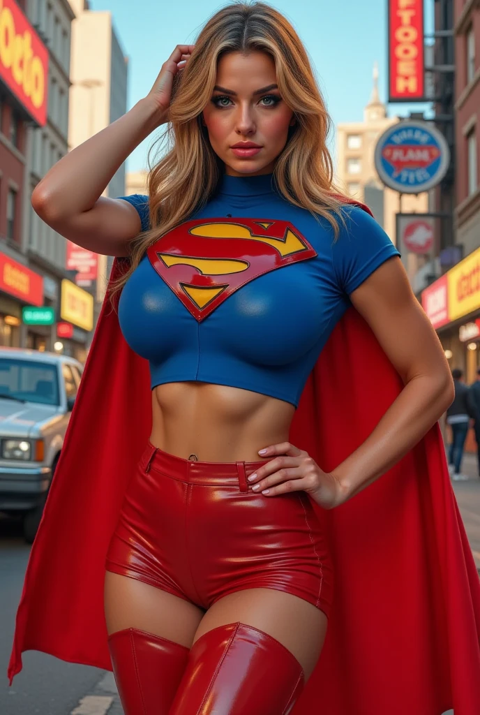 a beautiful realisitic supermodel woman, perfectbody, Fair Skin, hair blonde, blue colored eyes, long hair, confident grin, dressed as supergirl, dynamic pose, in an urban city, (best quality,4K,8K,high resolution,artwork:1.2),ultra details,(realisitic,photorealisitic,photo-realisitic:1.37),Intricate details, high resolution, sharp focus, cinematic lighting, swirly vibrant colors, dynamic composition