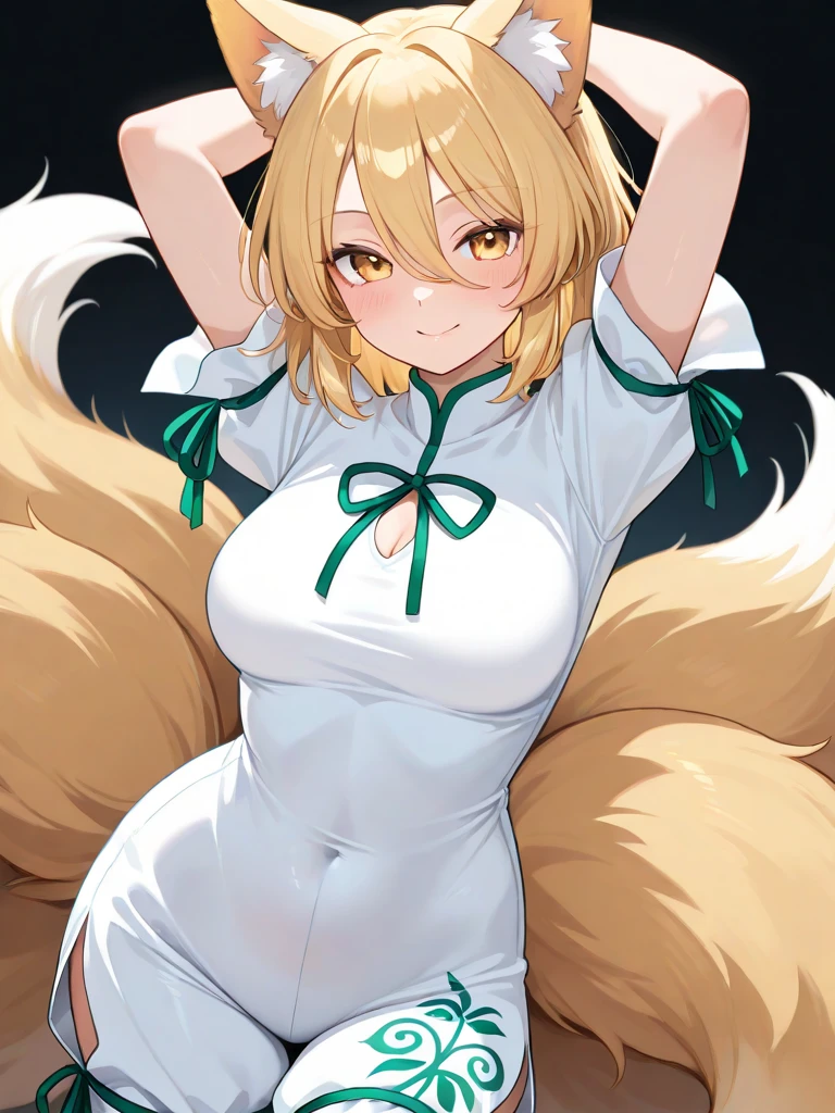 1girl, full body shot, from below, ((Chiffon from maimai, cosplay)), sleeveless, blonde, Cat ears, green eyes, fox tale, blush, nose blush, squatting, white panties, (Green maid outfit, Cream white apron), (best quality, masterpiece,)
