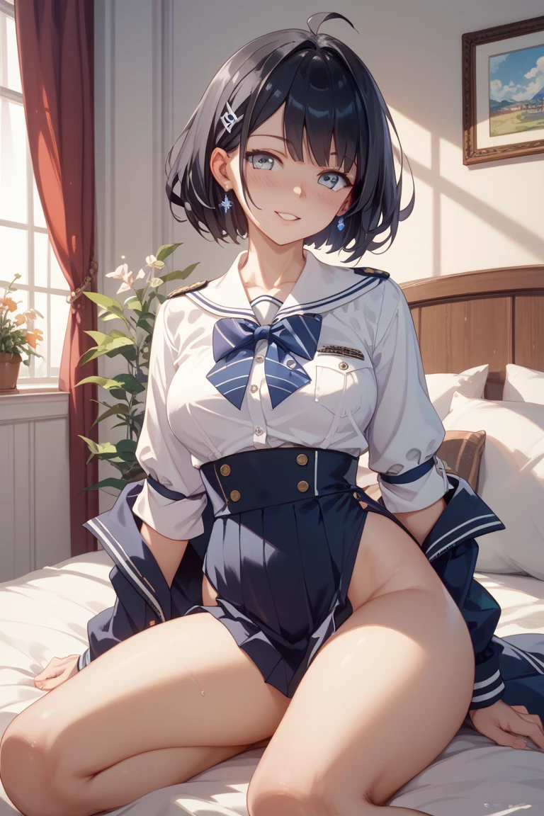 very cute and beautiful girl,(highly detailed beautiful face),sailor ,(navy blue pleated mini skirt),
(skirt lift,white panties),(smile),blush,looking at viewer,black hair,
antique hotel bedroom,gorgeous furnitures,balcony,ocean view,
(best quality,masterpiece:1.2),absurdres,highres,ultra-detailed,extremely detailed,32k,8k resolution,
intricate details,cinematic scene,detailed background,solo,dynamic angle,
natural lighting,hair fluttering in the wind,beautiful detailed sky,