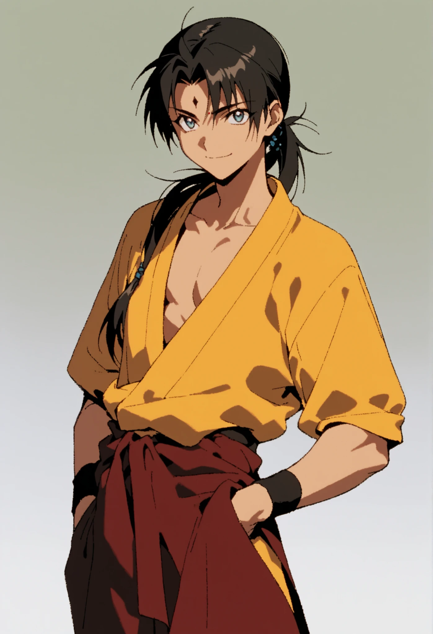 (high-quality, breathtaking),(expressive eyes, perfect face), symmetrical eyes, 1boy, male, solo, young adult, Sai Saici, Black Hair, Ponytail, Forehead Mark, Undone Hair, folded arms, upper body, waist shot, bright smile, sz4d3k