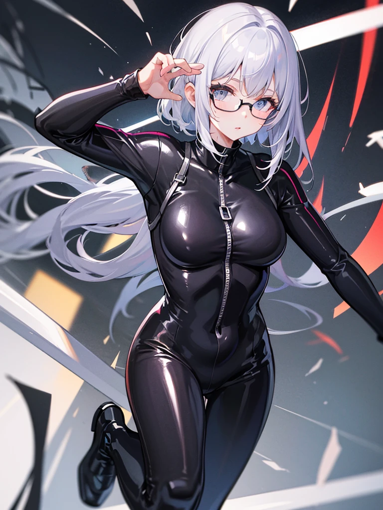 Long white hair white skin dull blue eyes a black glasses like satoru gojou from jujutsu kaisen wearing white sweeter with big breasts