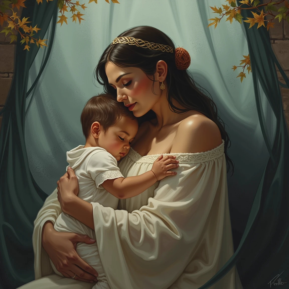 A beautiful girl with oval face, double eyelids, high nose, long black hair, white skin. She is holding a cute baby girl
