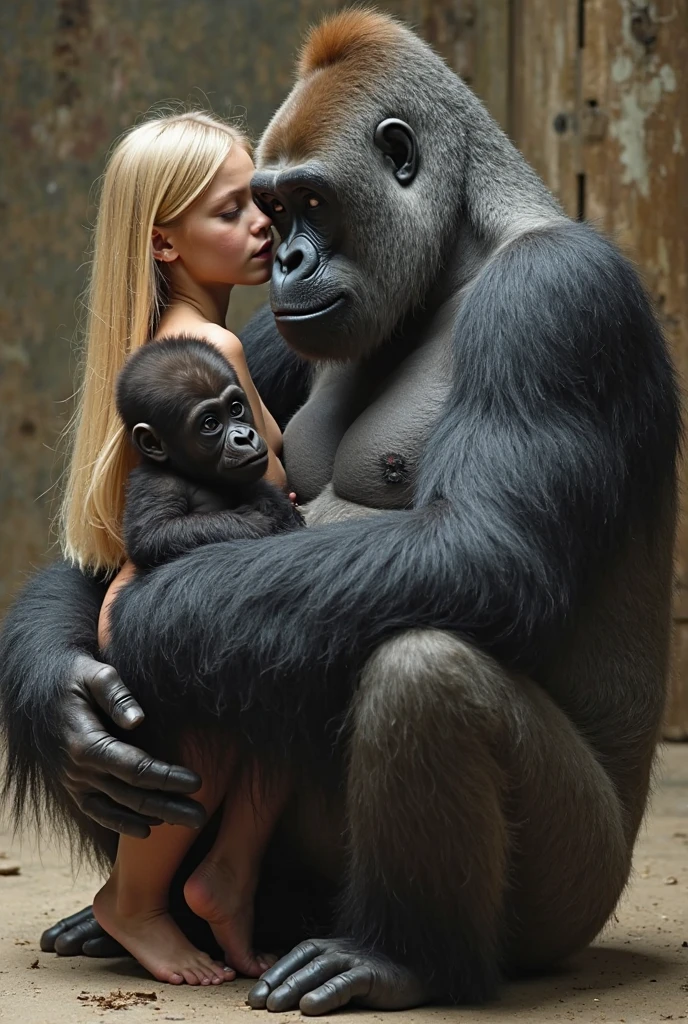 giant huge gorilla monster carries faint limp topless beautiful pregnant leopard thong little young blonde girl in his arms embrace cuddling kissing nsfw wet
