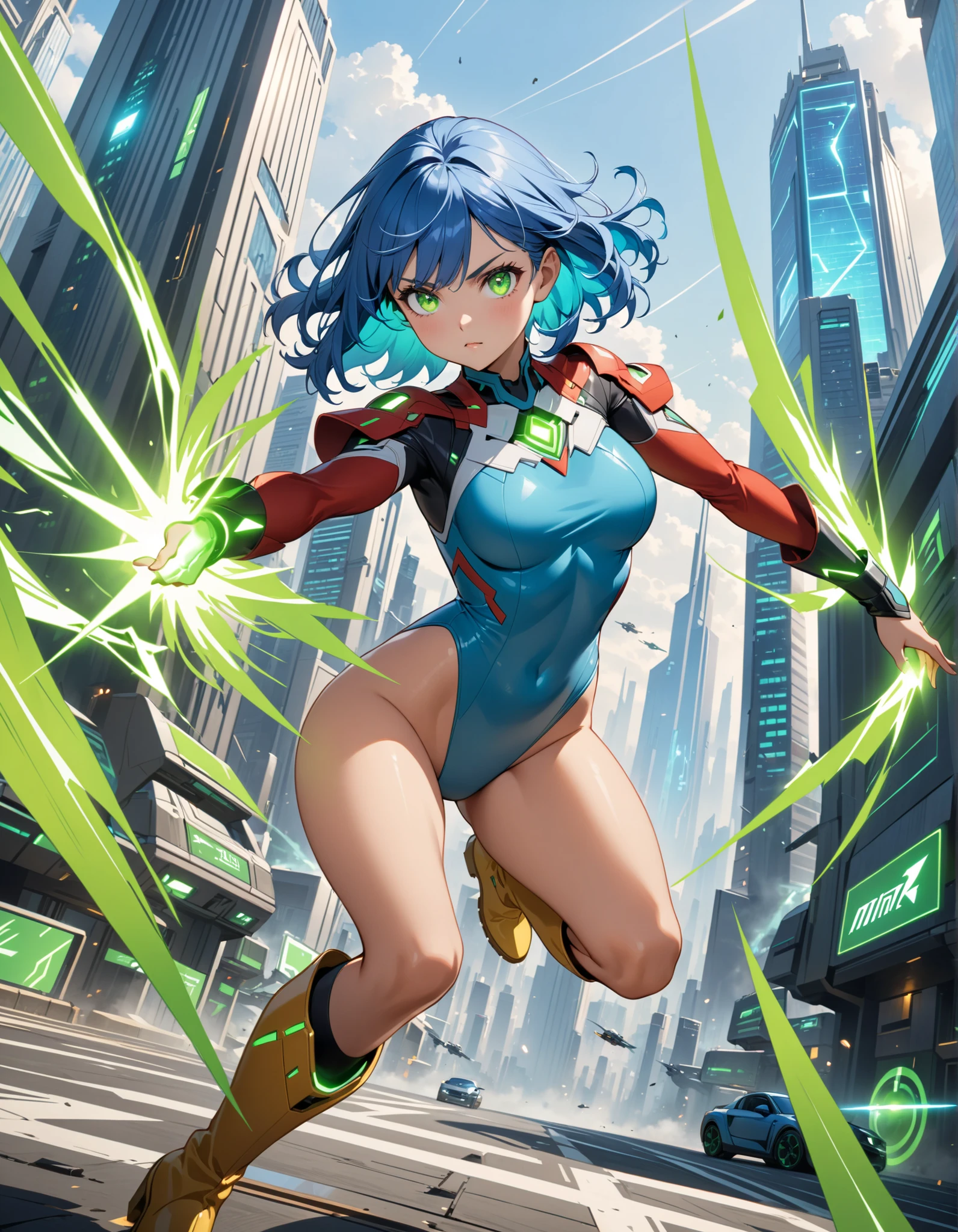masterpiece, best quality, highres, 1girl, solo, superhero, red leotard, bare legs, red boots, matching boots, aura, blue aura, sleeveless, red gloves, bracelets, matching gloves, looking at viewer, light particles, city backdrop, perfect hands, perfect eyes, powering up, perfect leotard, perfect legs, perfect arms, perfect fingers, light blue and dark green leotard, green hair, aquamarine eyes, medium breasts, short hair, bob hair, blue skin, light sprinkles,