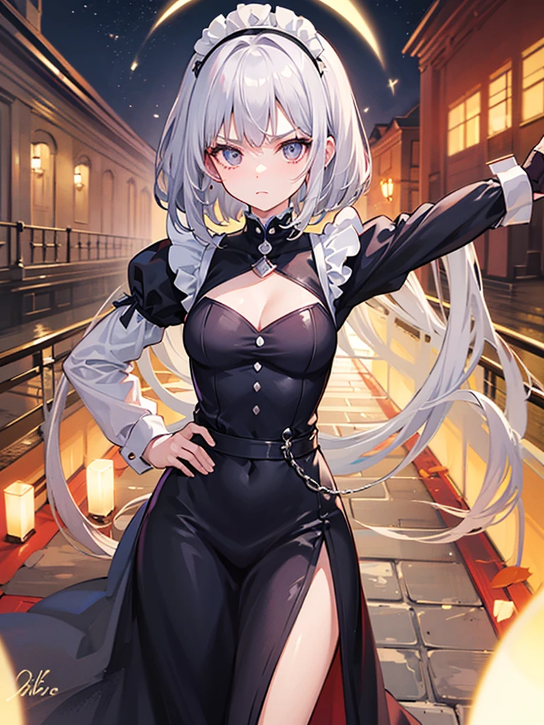 frieren, frieren, grey long hair, twintails, grey hair, pointy ears, elf,green eyes,
BREAK shirt, long sleeves, jewelry, earrings, striped,stockings, capelet, striped shirt,
BREAK looking at viewer, upper body, (full body:1.2),
BREAK outdoors, sky, castle, night, lights,moon, stars, starfall,
BREAK (masterpiece:1.2), best quality, high resolution, unity 8k wallpaper, (illustration:0.8), (beautiful detailed eyes:1.6), extremely detailed face, perfect lighting, extremely detailed CG, (perfect hands, perfect anatomy),