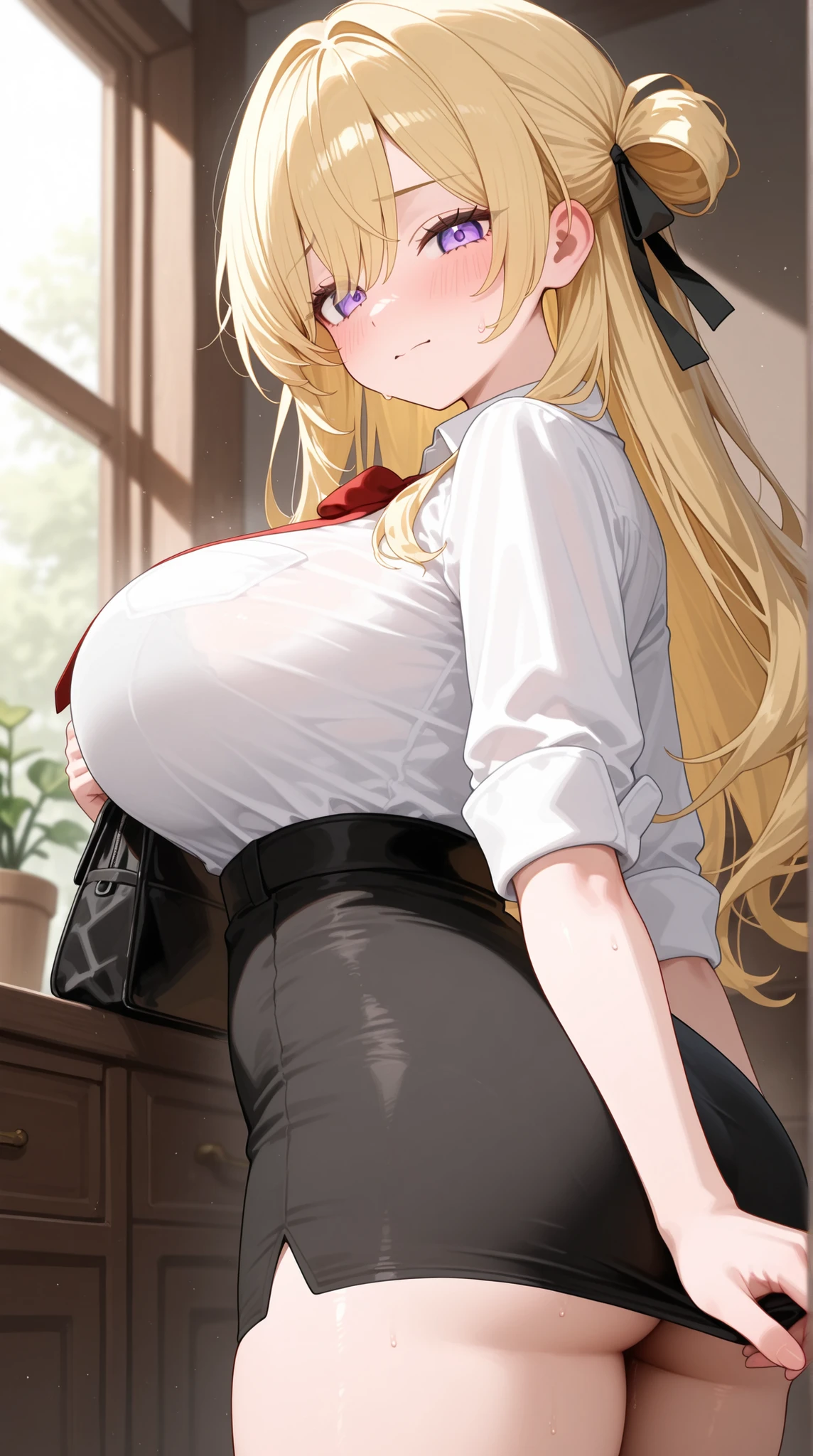 ( Ultra Masterpiece, Best quality ), Detailed Face + eyes, beautiful eyes, (Absurdres), (Anime), (Skindentation), (Best shadow), ((Anime)), /(Kamidere face)/, /(Kamidere looks)/, (Perfect face)+, Huge breasts, Very curvy, (blonde hair), long hair, Beautiful hairstyle, (brown eyes), Full lips, ( angry face, frown, warm smile ), ((beautiful character design)), At home, ( Intricate Clothes ), BREAK, Professional photo, (Thick thighs), Big breasts, Ray tracing, (Perfect face)+, Octane render, good looking shirt, ((white) shirt: 1.3), good-looking skirt, ((red) skirt: 1.2), ( cleavage ), medium breasts, (Soft skin), (healthy body), 1 Female, (bold and assertive pose), (Very sexy+, Gorgeous woman+, young beautiful woman+), BREAK, ( Sitting down, Facing the viewer, looking away ), ((Kamidere))+