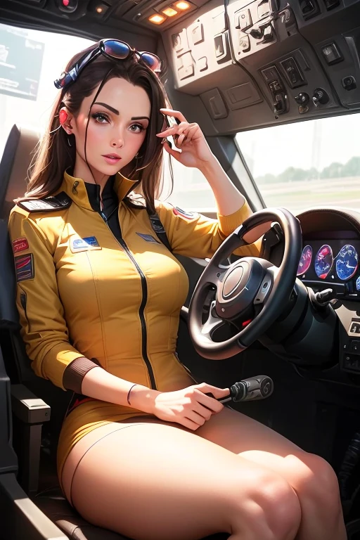 female pilot, standing plane cockpit, (pubic hair, panties with pubic hair sticking out), straddle, small breast,