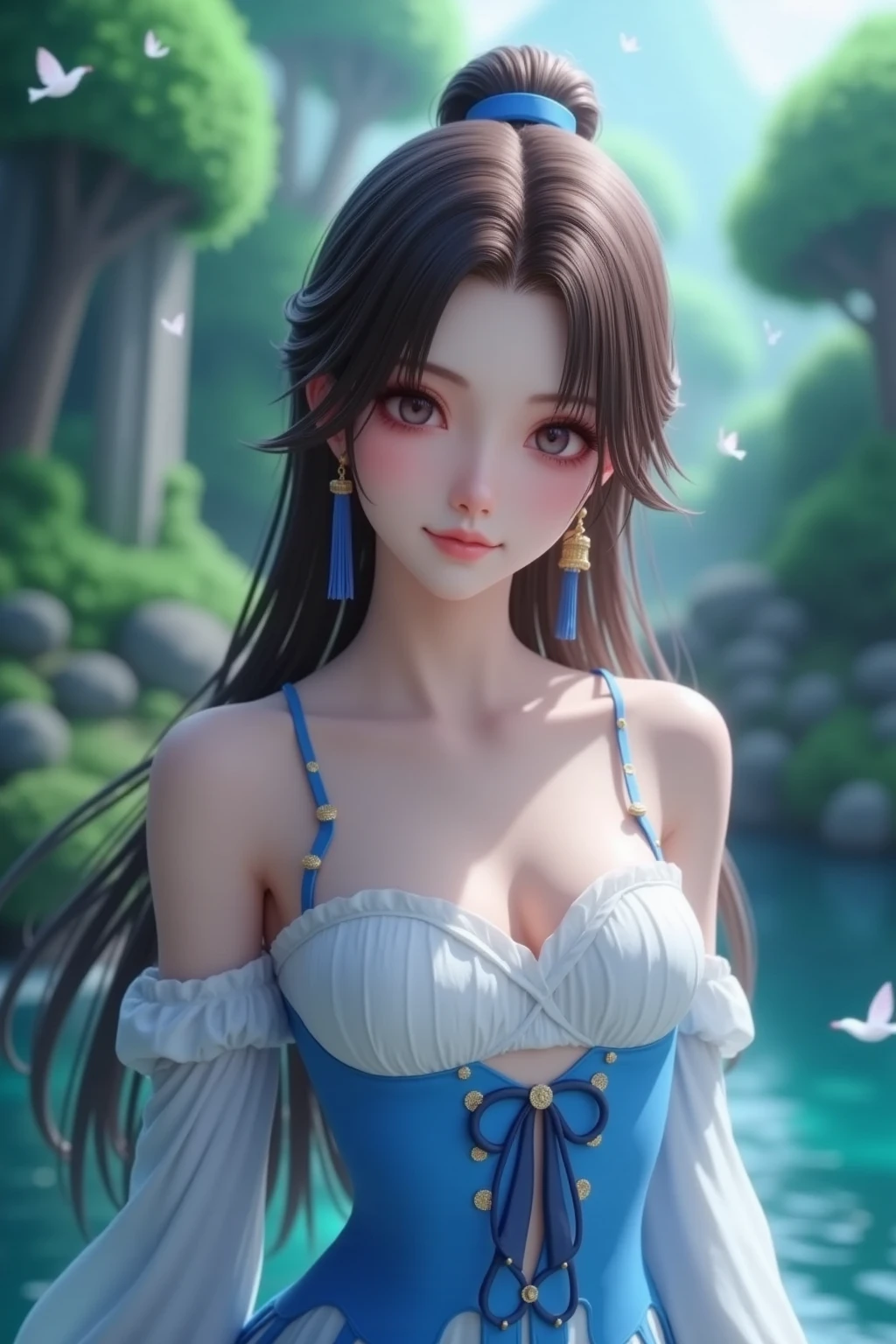 ultra-detailed half body photo of a young women merging with the bioluminescent environment, inside a sparkling blooming overgrown geode, waterfal, misty, she ral-dissolve into particles, waving gossamer crystals made of ral-crztlgls, she glows with an ethereal radiance, deep state of bliss, dreamlike scenery, best quality