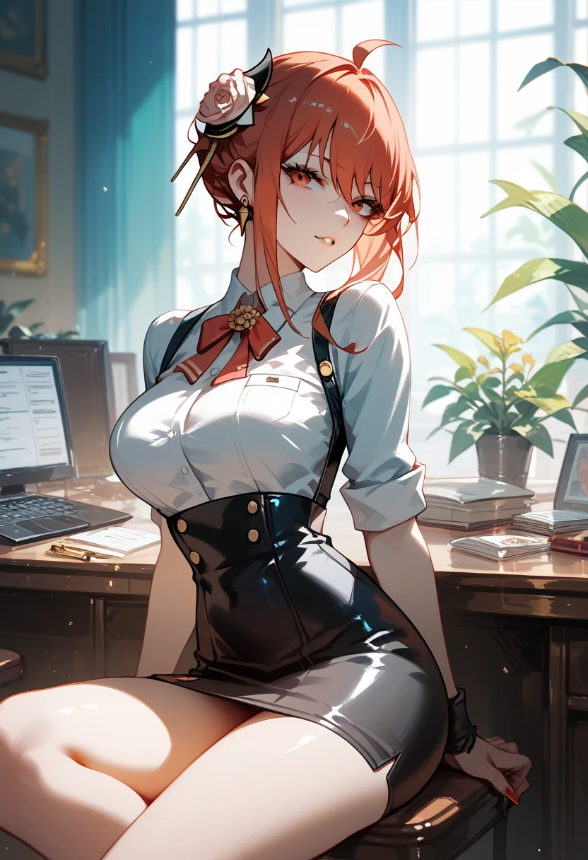 A woman wearing black women's sticks, white t-shirt, large breasts exposed, black pants, black shoes, white gloves, holding papers, walking in a modern office, orange red hair, ponytail hair, blue eyes, smiling, full body,(solo woman),flower, UHD, masterpiece, accurate, anatomically correct, textured skin, super detail, high quality, best quality, 8k, high resolution, bokeh effect.