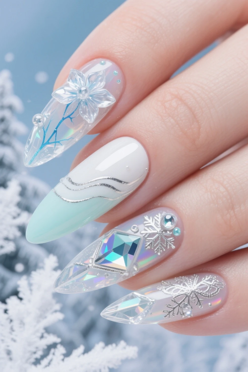 Make multiple desings of nail art on both hands about glaceon of pokemon