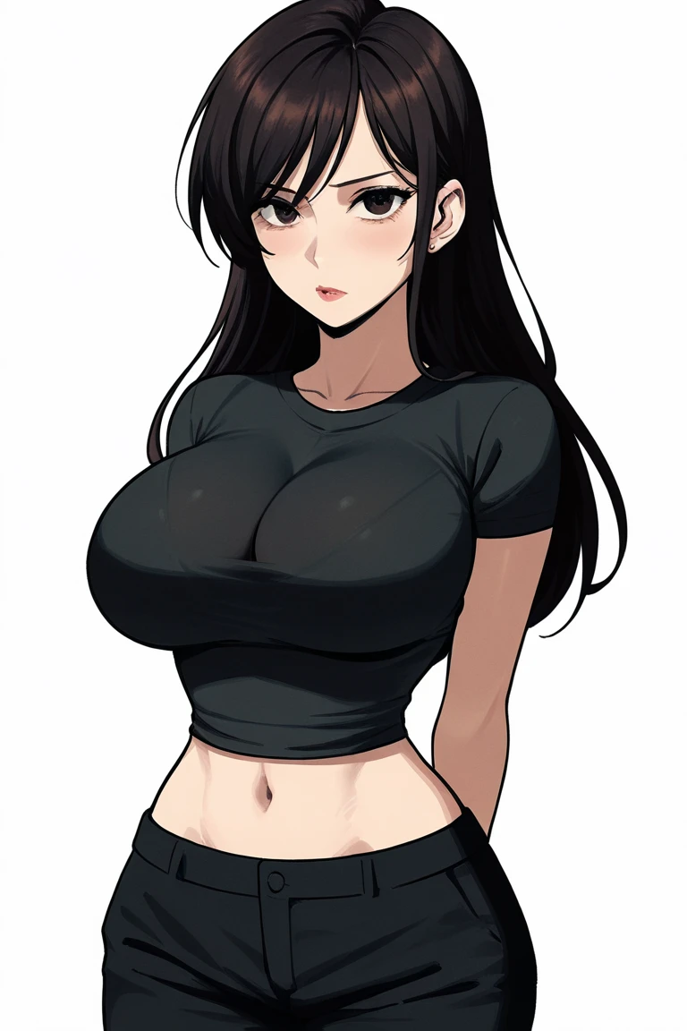 Brown_long_hair, 1girl, hair_over_one_eye, blush_on_cheeks, excited, embarased, ashamed, shy, turned_on, closed_mouth, black_choker, red_shoulder-length_shirt , open_shoulders, open_breasts, tiny_blue_skirt, no_panties, perfect_quality, perfect_high_resolution, massive_sexy_breasts, sexy_young_girl, sexy_loli