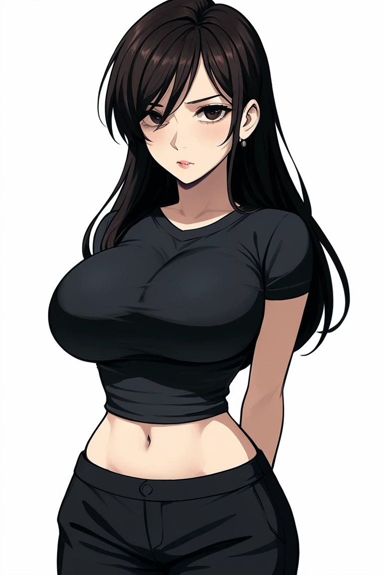 （lifelike， high - resolution：1.3）， 1 girl with a perfect body， Super fine face and eyes，slong hair， Tank top of random colors：1.2， short jeans， big breasts ，Expose cleavage
