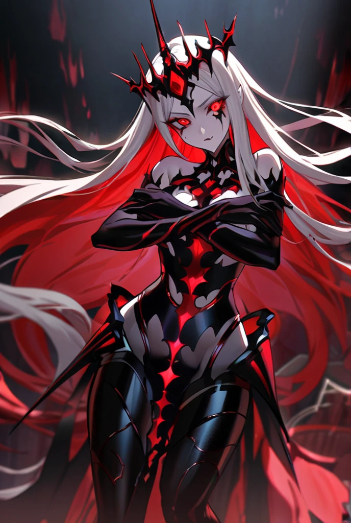 Black full body suit　Red lines all over the body　Little girl　seductiv　a smile　Bare legged, evil smile, evil smirk,(masterpiece:1.0),(Highest_quality:1.0), 超High resolution,4k,Super detailed, photo shoot, 8K, HDR, High resolution, anime coloring, traditional media,l,offical art,