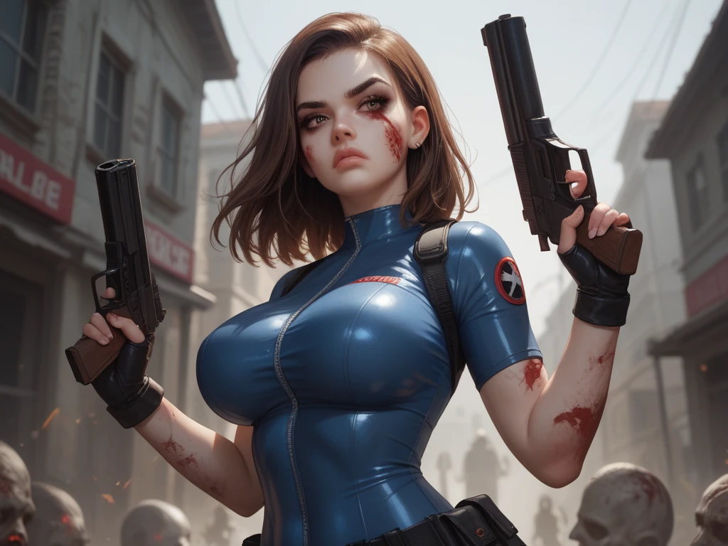 super fine illustration, ultra high resolution, masterpiece, highest quality, perfect shiny shinny skin, perfect lighting, detailed lighting, dramatic shadow, ray tracing, 1 beautiful white milf, looking at the viewer, small breasts, beautiful detailed hazel eyes, sharp face, clear eyes, red lips, long bangs, medium curly hair, blond hair, ((cyberpunk dark street)), ((background with zombie group)), Upper body, battle suit, military harness, Alice Abernathy - Resident Evil Series, Milla Jovovich,