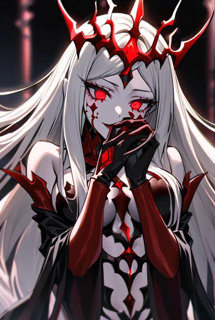 ((best quality)), ((highly detailed)), masterpiece, ((official art)), detailed face, beautiful face, (detailed eyes, deep eyes), (1girl), <lora:ojouSamaPoseConcept_v10:1>, ojou-sama pose, hand over own mouth, <lora:shalltearBloodfallen_v10:0.75>, shalltear bloodfallen, disguise, blood pool, red eyes, long pale hair