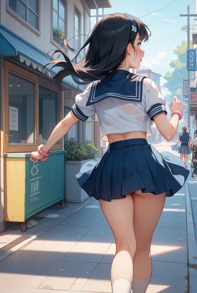 highest quality、High resolution、detailed background、beautiful and detailed face、beautiful and smooth skin、skin texture、professional lighting、Beautiful teenage girl、3 women、(huge breasts:1.1)、big ass、panty shot、sexy panties、string panties、cuteセーラー服か制服、white sailor collar、Pleated mini skirt with tartan plaid pattern、cute髪型、High Socks Over Knee、knee high socks、
 Sunny、school zone、in the city、(backwards、emphasize the buttocks)、strong wind is blowing、panty shot、cute、emphasize the buttocks、laughter、smile、sexual expression、sexual butt and back