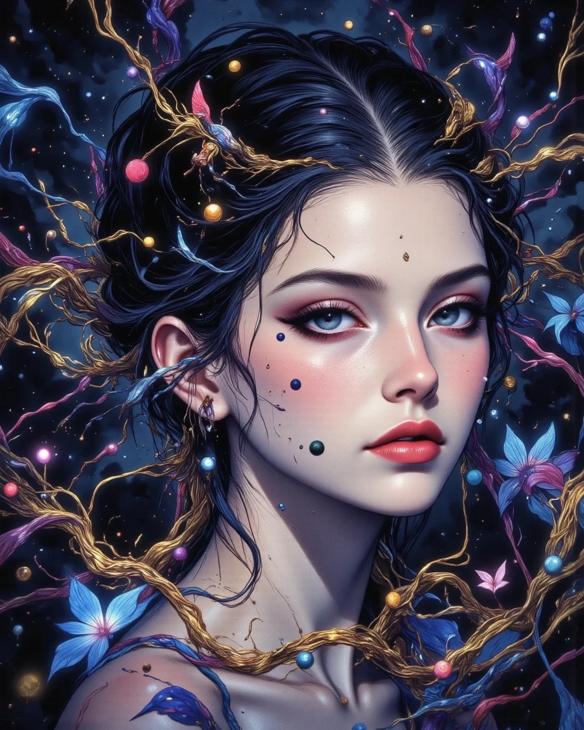 High Quality Female Face Enhancement、noise:3、delicate skin、Seductive Expression、big eyes、long eyelashes on their left hand、 red lips、Elegant hairstyle、soft lighting、Painting-like texture、precise texture、photographic realism、high definition、4K Details、perfect composition、Ultra Details、bokeh、vivid colors、Professional Finish