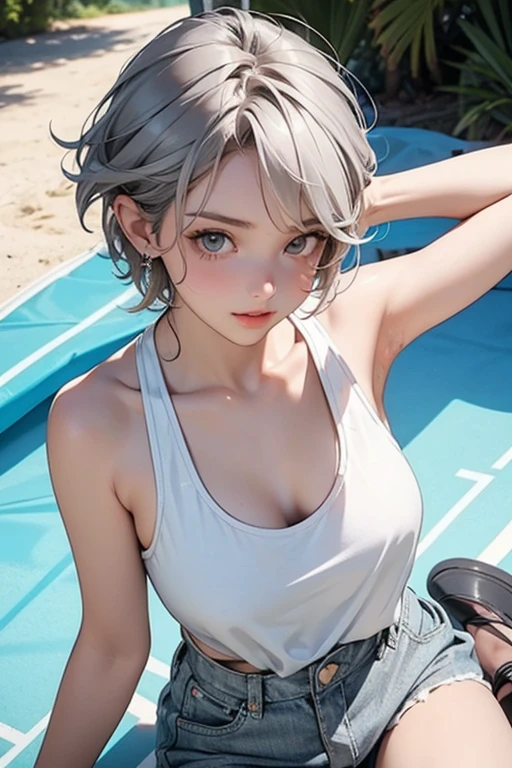 (best quality, 16K, masterpiece :1.3), pretty Woman, 1 girl, (Large Breasts, Beautiful clavicle, Attractive figure :1.2), short hair, Wavy ends, Silver hair gradient light blue hair, messy hair, side chain, (wet from rain, get wet by rain, wet :1.2), Sky blue gradient lake green eyes, Look up, students shine, Students reflect on their surroundings, super detailed face, delicate lips, exquisite eyes, double eyelids, long upper eyelashes,
