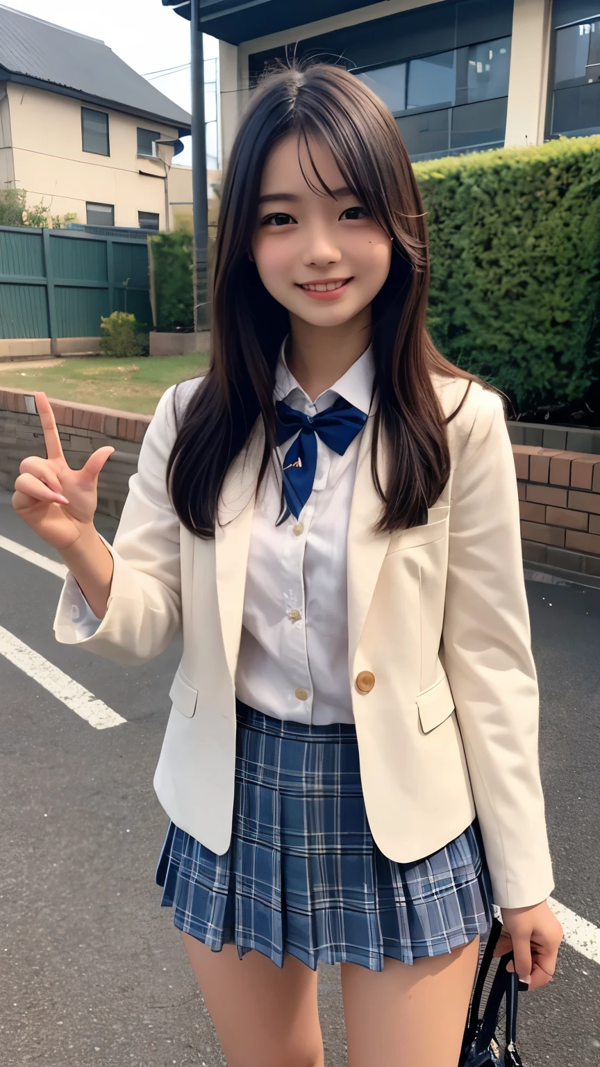 standing in the school yard 、Thin fingers、Japanese high school students、uniform、miniskirt、cute face、 long hairstyle due to things、is smiling、full body image