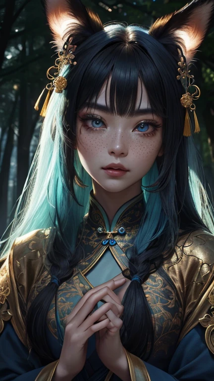 extremely detailed illustration of gorgeous woman wearing kimono japanese traditional clothing, stylish, backlit, highly illuminated, colorful crystal, (amazing long blue hair blowing in wind), electric eyes, closeup, (visually rich), raytraced, manga, whimsical, JRPG, enchanting, emotionally evocative, detailed environment, fantastical, imaginative, visually rich, atmospheric, zoomed, flat lighting, 2d, cartoon, vector, rocks, art by MSchiffer, gold glow, (((cleavage))), (bare breasts),(tall), full body, seductive posing, night, stormy weather, magical, small elf ears, royalty, ((beautiful detailed face)),(small boobs}, beautiful abs, tan skin, , (inside Traditional japanese garden)