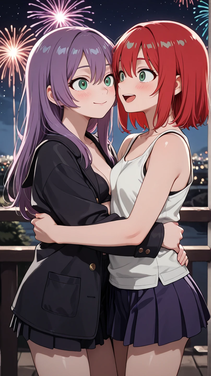 ((best quality)), ((masterpiece)), (detailed), 2girls, 1girl, Touhou, Sekibanki, red hair, red eye color, full body, wide shot, Short female hair, medium sized breasts, black female blouse, black skirt, red neck cape, black sport bra, abdomen, navel, blushing expression, 1girl, Touhou, tatara kogasa, blue swimsuit, smiling expression blue hair, fifferent eye color, kogasa hugging Sekibanki