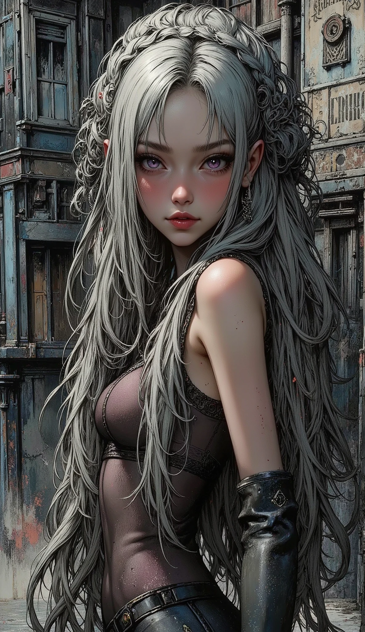 Score_core_8_up ,Score_7_up ,Extreme Details,masterpiece,Quality Best,Single on Shoulder Braid,perfect face, realistic lighting,Realistic Shadows, Movie Lighting , volume lighting ,bloom,bloom,bloom,Post Handling,4K Processing,4k eyes , Expressive Eyes,straight hair,Side Hair,Detailed Face,purple eyes,cute eyes, Detailed Face ,Light Makeup, beautiful face,精細 Detailed Face ,perfect face,Face Pale Skin,Color Light Silver Hair {x} Skin Smooth Skin, mature body , Big Breasts ,Big buttocks, Big Butts,Pear Shaped Body,Side Boots,
