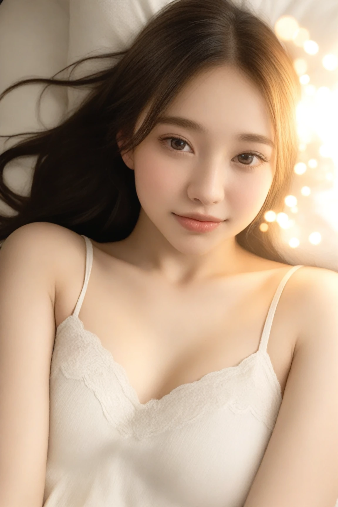 fashion model 20 years old [[[[close up]]]], [[[[neck]]]], [[[[Shoulder]]]], perfect eyes, perfect iris，perfect lips，perfect teeth，Perfect skin，White skin，Soft headlight，High Density Imaging Review，Face slimming type，slender nose，long black hair，（Face is clear and delicate），((white lace underwear))，((Sexy))，(((charming smile)))，((The background is the bedroom))，((Deluxe king bed))，best quality，masterpiece，（pastel colors：1.2）