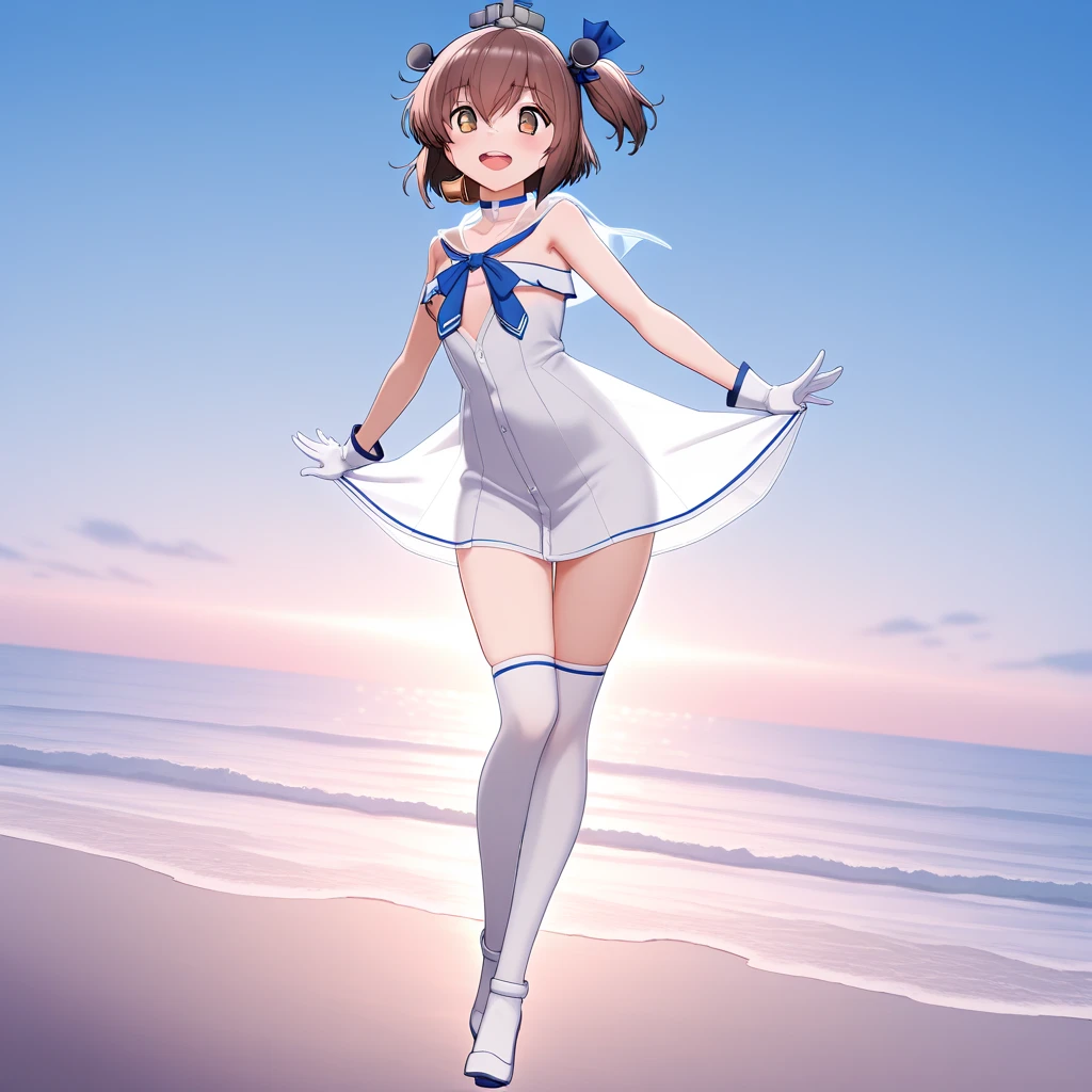 big jump in strong wind, She lifts up the under hem of her beige or white plain One-piece dress, leaning over, Climax, get ecstasy, masterpiece, very short pigtails,brown hair, Hair tie with two big red clothespins, mature, Female robot, android, blue eyes, full body figure, Height: 160cm, flushed cheeks, 2020s anime picture, missionary angle, A beautiful robot with short brown hair in two short pigtails held up by two very large huge red clothespins, Uplifting, No NSFW, whole body, barefoot, masturbate, Laughter, archaic smile, jumping orgasm, 25 years old, little bust, character sheet