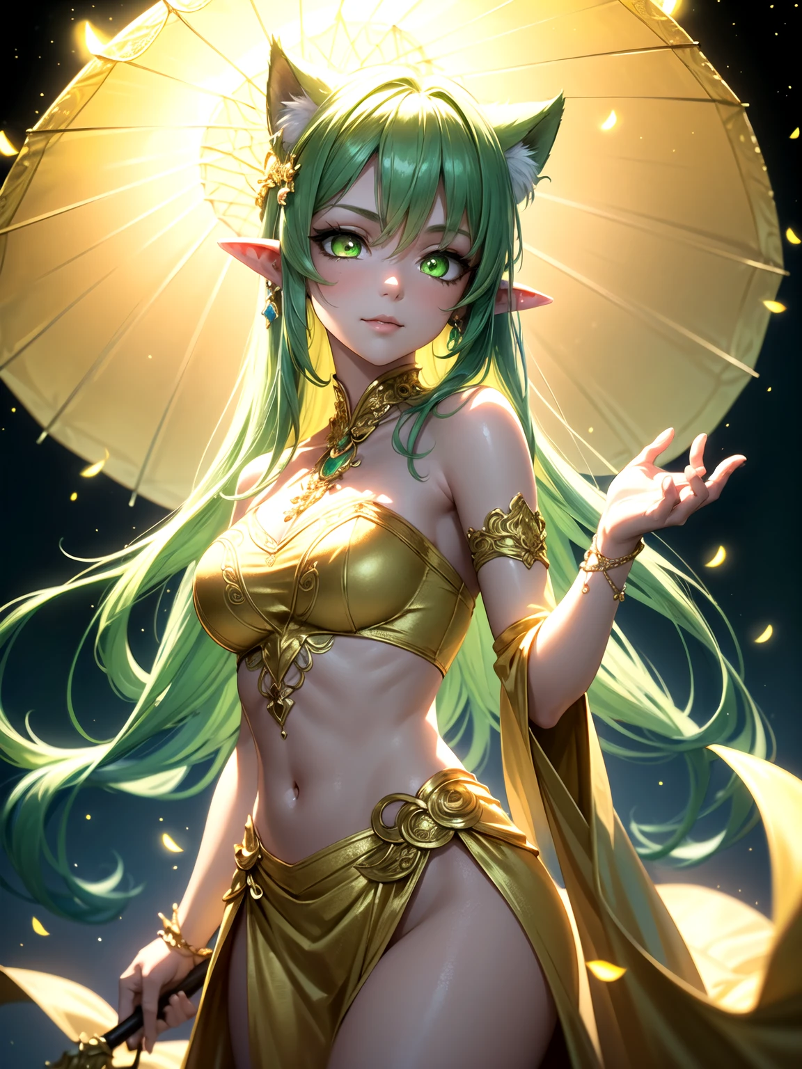 8K, Ultra High Definition, Super detailed, Shiny detailed hair, detailed face, fantasy landscape, solo, looking at viewer, {{best quality}}, {{masterpiece}}, {{ultra-detailed}}, {detailed light}, ultra high quality eyes, detailed eyes, perfect eyes, large eyes, detailed yellow eyes, beautiful lips, green hair, long hair, beautiful, skinny body, white skin, slutty, erotic, suggestive, in a sexy purple-metallic sequin party dress, ((nsfw))