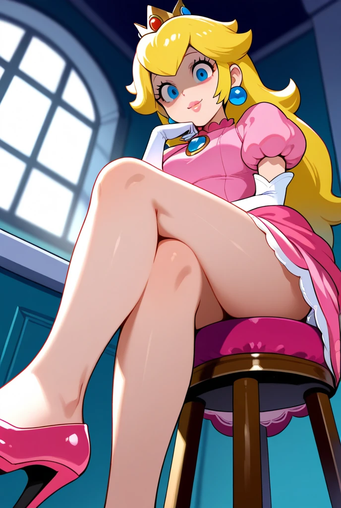 A little princess Peach in a beautiful pink polo shirt and a short white skirt., Ella es gentil y compasiva y se la muestra sonriendo suavemente.., He is over 6 feet tall and wears a golden crown over his blonde hair and white golf gloves., con un vestido rosa muy corto, Sentado con las piernas cruzadas, mostrando su culo, muy sexy, sentado en el trono de una reina, mini falda. (piernas cruzadas)