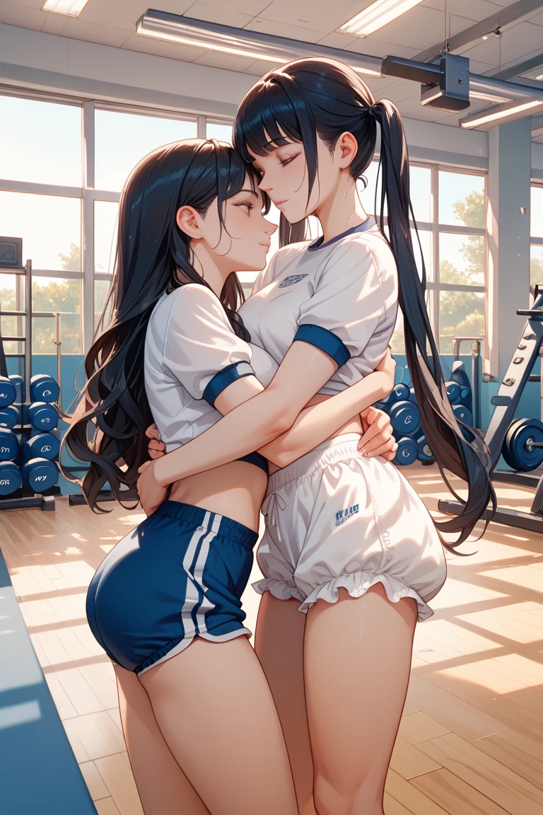 (Two beautiful young people, Perfect body, beautiful and plump breasts, classroom, high school girl, angry), Squashed chest, (Highest quality, 8K, High resolution, masterpiece:1.2), Super detailed, Realistic, photoRealistic, photo-Realistic:1.37, Portraiture, Soft and warm lighting, (hug, Symmetric docking, Breast Press:1.4), Squashed chest, (eye contact, Look at other people:1.5), Cowboy Shot, classroom, Long Hair, Black Hair, (Gym Wear, White shirt, Short sleeve, Blue shorts, Black knee socks:1.3), (Gym Wear, White shirt, Short sleeve, Red shorts, White knee socks:1.3)