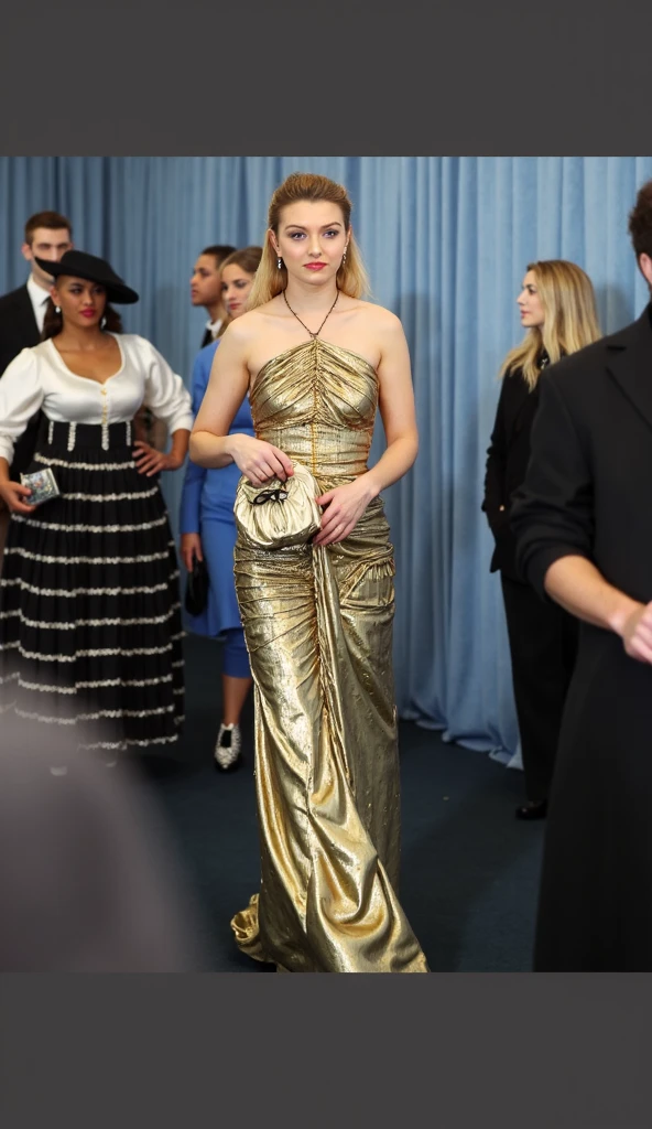 her name is Elle, high quality, 1girl, ((20-year-old fit Caucasian woman)), ((20 years old)), ((fit)), ((pale skin)), ((sleek ponytail blonde colored hair)) , wearing Metallic Gold Sequined One-Shoulder Top + High-Waisted Satin Wrap Skirt, pose: standing, background:The grand halls of the National Gallery are filled with iconic paintings. You find yourself in front of Turner’s “The Fighting Temeraire,” lost in the dramatic depiction of the sunset. The quiet atmosphere, punctuated by the soft footsteps of other visitors and the gentle hum of an air conditioning unit, adds to the contemplative mood.