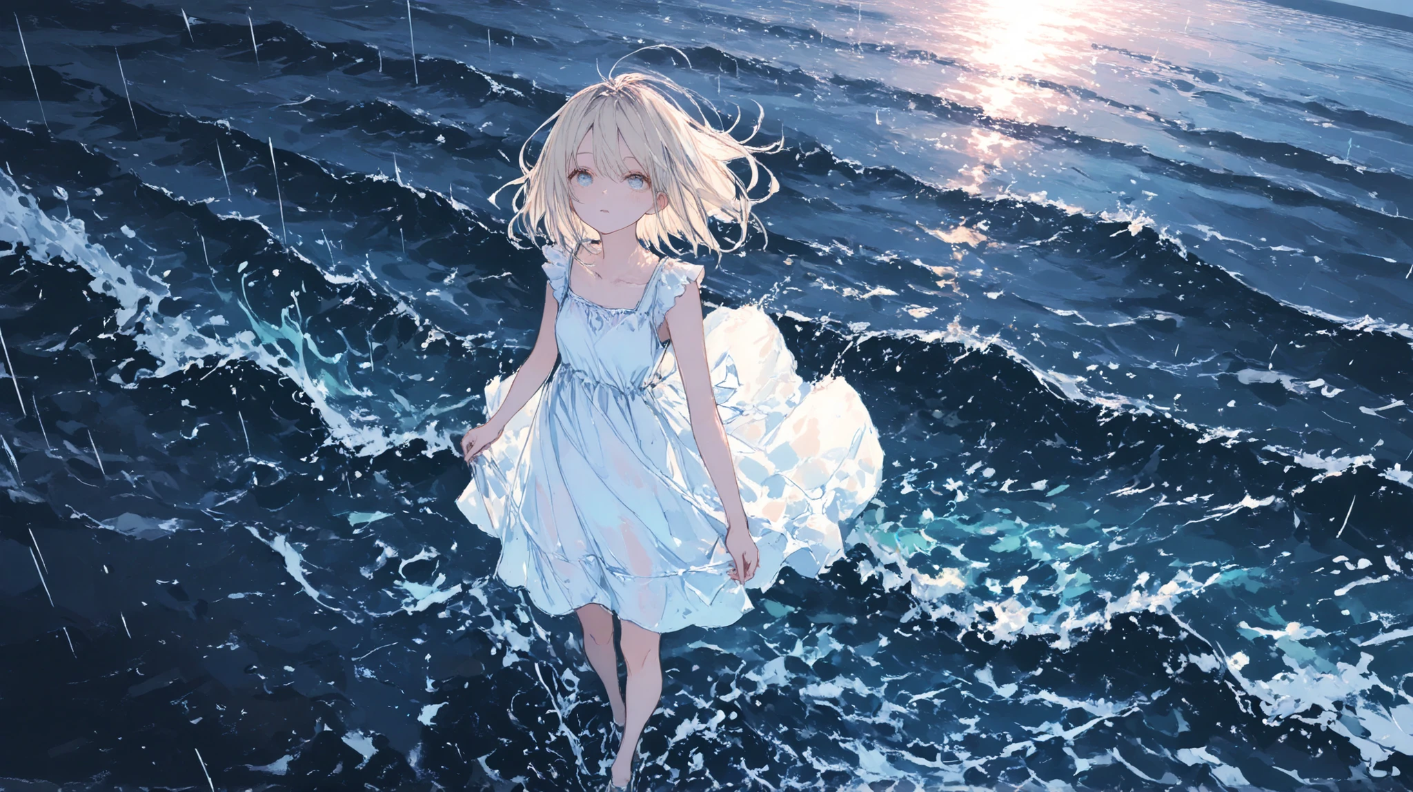 1 girl,,floating hair, full body, standing,summer dress, water,Wave, 津Wave,tide,sea, beautiful detailed eyes, {{{masterpiece}}}, {{{Highest Quality}}}, {{Super Detail}}, {illustration}, Cinematic Angle, {beautiful detailed eyes}, very detailed, detailed background, detailed face. The wing of the sea is the wave; 空のWaveは雨; rain falling like rain salt