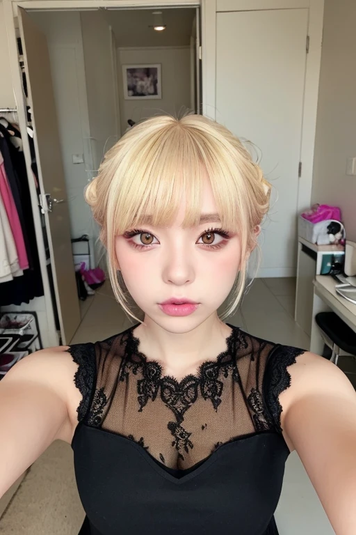 (RAW Photos, 最high quality), (Realistic, photo-Realistic:1.3), 最high quality ,masterpiece, (Frontal symmetrical face), ((Big Ass, Big Breasts)), (beautiful girl), Pink lipstick, Colorful Makeup, Long eyelashes, Earrings, Applying eyeliner, Fair skin, Blonde Hair,(cute), (Detailed face), Fine grain, Detailed Iris, 8K Ultra HD, Digital SLR, Soft lighting, high quality, Film Grain, beautiful Fine grain, Beautifully detailed nose, Vagina Detail, Realistic face, Pink Cat, A light smile, (Very detailed face: 1.5), 最high quality, Super detailed, masterpiece, In detail, Superior, 8k wallpaper, Pixie Cut