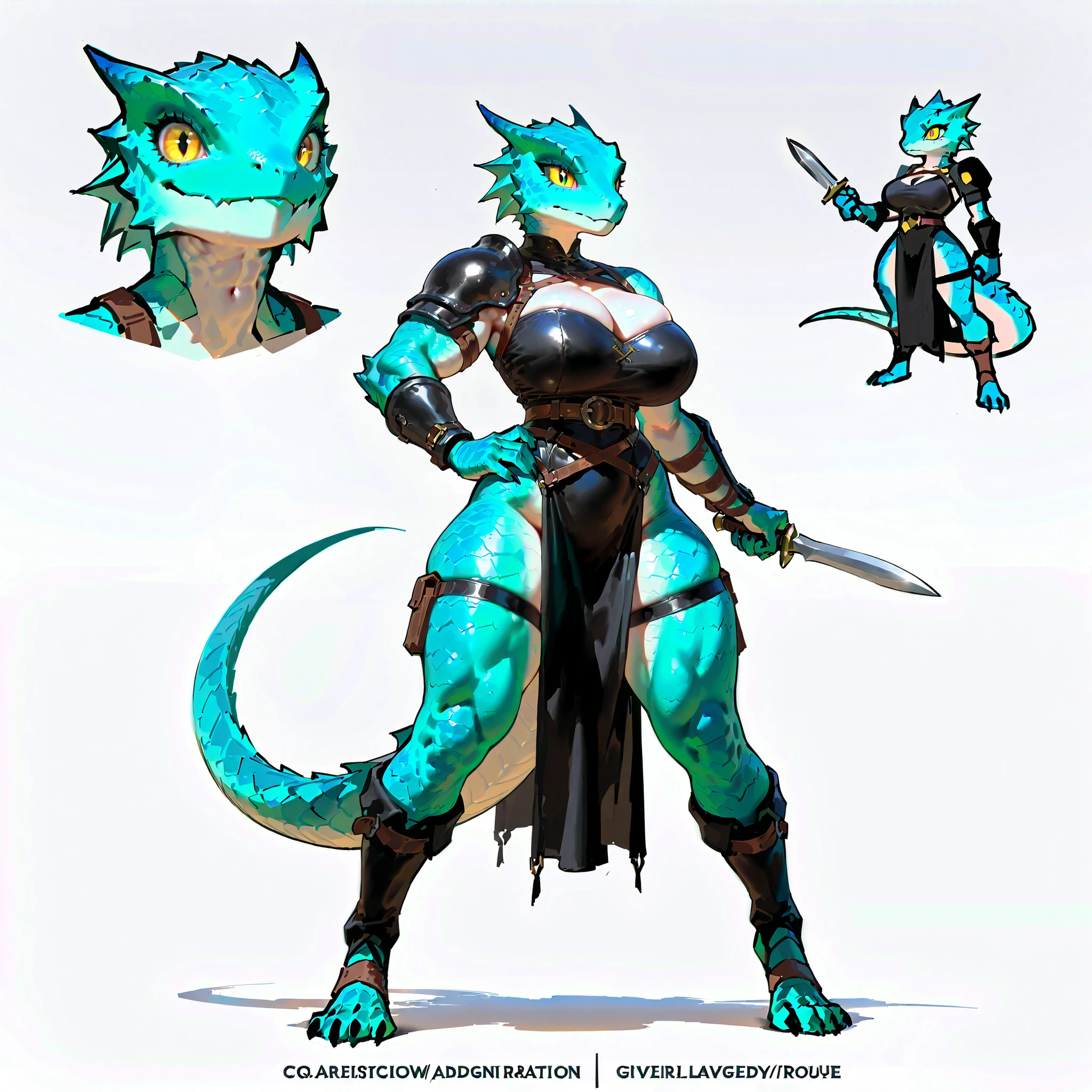 (((masterpiece))), (((Best Quality))), ((Ultra-detailed)), (High Definition anime Illustration), ((extremely delicate and beautiful)),solo, Full body, dragonborn rogue lady, lizardman, lizard body , lizard head , lizard scales , pale-blue skin , lizard tail , with perfect eyes , lizard eyes , yellow eyes , black pupils , red crest horned, erotic dress armor , sturdy scaled limbs, thick long tail. huge hips , ((held dagger-knife and action posing)),very confident,(Super huge big breasts),(breast enlargement)(thick legs)(muscular)(Character Focus),highly detailed, Colorful, highest details, very massive, full body standing, Digital Painting, 8K High Resolution, trend art station, Whole body, (((white background)))(dungeons and dragons)