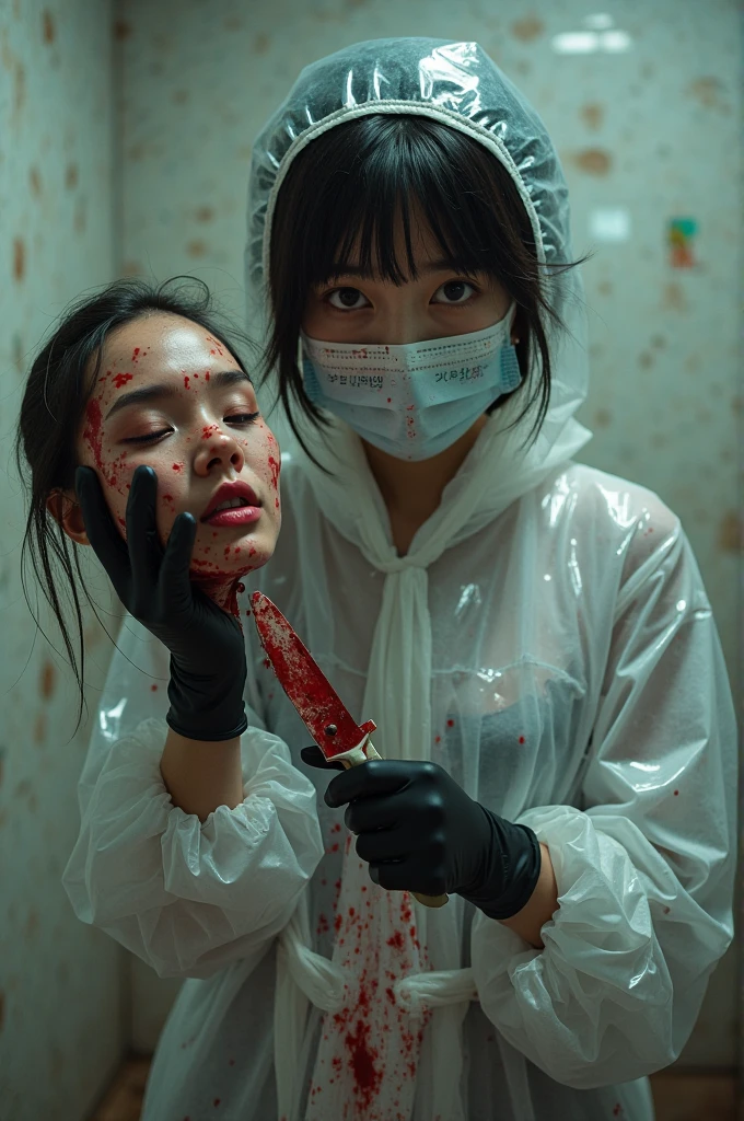 korean beautiful girl, (behind corpse:1.3), (surgical mask), (ecstasy:1.3), orgasm, holding chainsaw, stabbing, black gloves, woman on top, bath full of blood, black raincoat, hood up, Filming in progress, holding knife, black gloves, multiple corpse, blood splatter, night, mass murderer, robbery, dark atmosphere, cinematic lighting, atmospheric realistic,