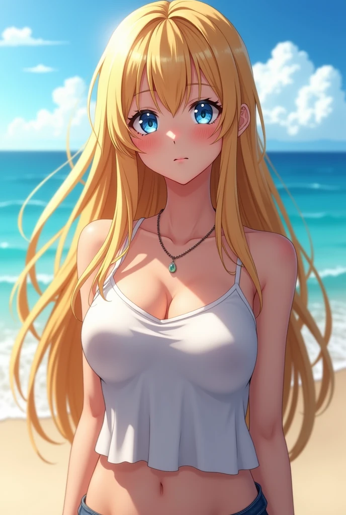Absurd resolution, high resolution , high quality, (masterpiece:1.4), ultra-detailed ,super detailed skin, (((Solo))), 1girl in, Red Eyes, medium breasts, Long hair, a blond, Straight hair, Bangs, earrings, cleavage, (White see-through summer dress), light smile, (sandy beach), ((looking afar))
