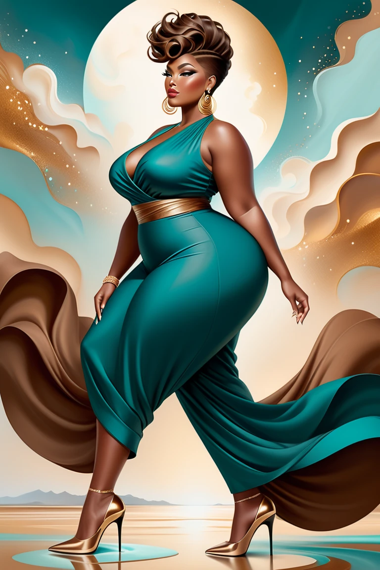Digital Illustration of A thick black woman with afro hair wearing golden luxury clothes walking on The street, (thick body), Water texture, ultra quality, 8K, olhar sensual, sensualidade, filha de uma deusa africana, african illustration style, fat woman, Water dripping texture