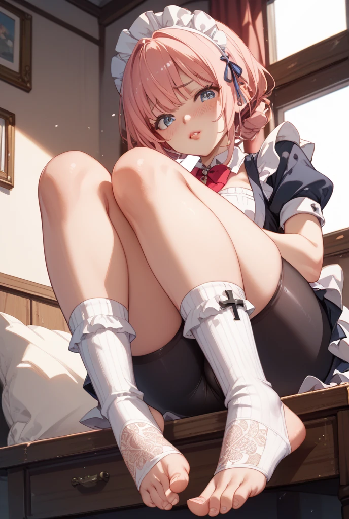 ((masterpiece, best quality)), high resolution,ultra detailed,8k,16k,detailed background, perfect lighting,detailed beautiful eyes,beautiful pussy,1girl,solo,clitoris,vagina,embarrassed,blush,look at viewer,steam,sweat,aroused,(close up pussy,from below,from front:1.2),bottomless,lying,naughty smile,legs up,open mouth,pussy juice,small breast,slender,fair skin,charlotteid, pink hair,green eyes,short hair,school blazer,skirt,(show off breast,topless:1.2),(short body,short stature:1.3),class room