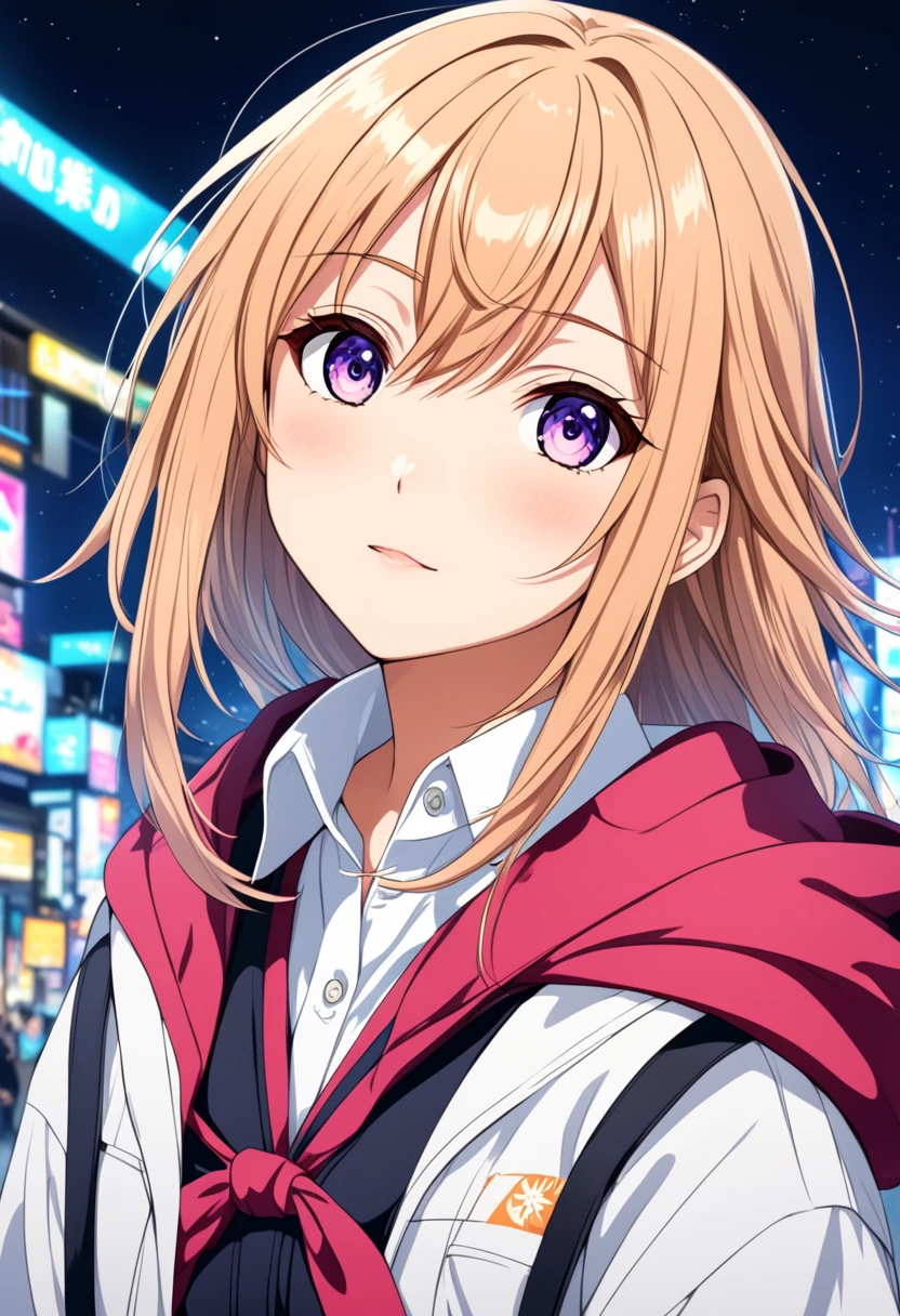 lunatic \(casual\), 1girl, solo, food, lollipop, earrings, holding, long hair, jewelry, bangs, candy, holding food, jacket, looking at viewer, long sleeves, collarbone, holding candy, open clothes, ahoge, upper body, open jacket, black jacket, blue eyes, holding lollipop, blonde hair, smile, blunt bangs, shiny hair, closed mouth, straight hair, no bra, <lora:lunatic-08:0.6>