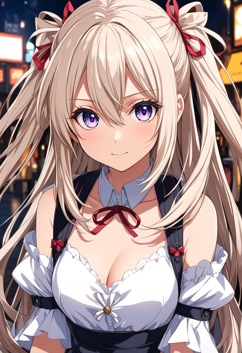 ((masterpiece)),(best quality),official art,extremely detailed CG,unity 8k wallpaper,ultra detailed,beautiful detailed eyes,extremely detailed face,street,1girl,solo,upper body,(portrait:1.5),looking at viewer,facing viewer,smile,chocolat (noucome),mini top hat,red hat,ahoge,long hair,blonde hair,sidelocks,bangs,blue eyes,ribbon-trimmed_bow,off shoulder,cleavage,medium breasts,red dress,frills dress,detached sleeves,puffy detached sleeves,white wrist cuffs,striped thighhighs,brown boots,<lora:Chocolat(noucome)>,