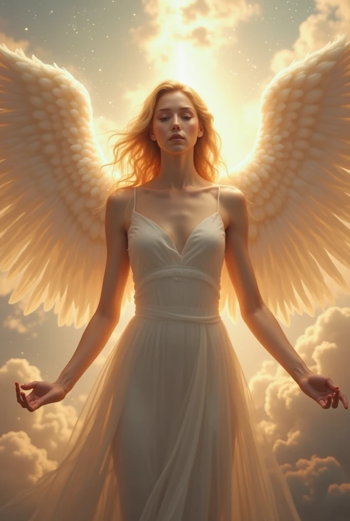 sexy angel girl with big boo posing naked in the sun, angelic wings on her back, full - body majestic angel, beautiful female angel, super wide angel, wide angel, wide angel shot, epic angel wings, of beautiful angel, tall female angel, beautiful angel, artgerm julie bell beeple, beautiful cyborg angel girl, cinematic goddess body shot