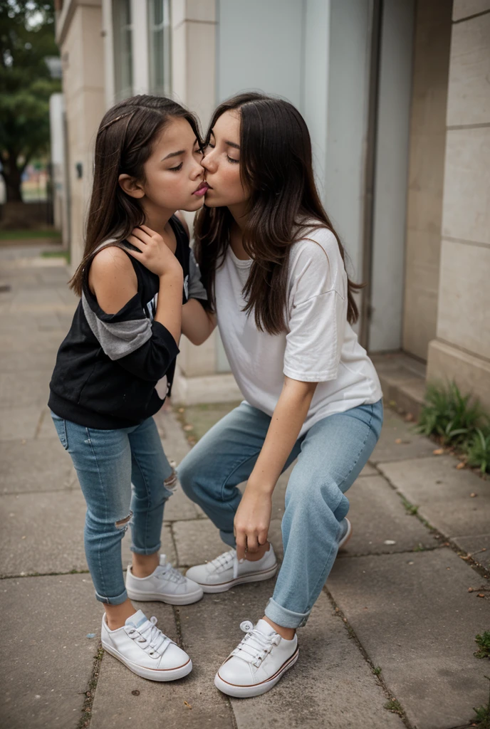 twogirls, Girls kissing, 100 cm, best possible quality, detailded, Kiss, at school, whole body, outfit, realisitic, real, long hair, detailed outfit, skin detailed, pele realisitic, cabelo detailded e realisitic, , good lighting, real light, rosto de bebê, pequena,