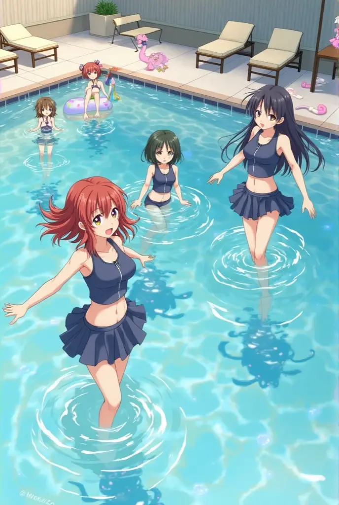 Highest quality、High resolution、Detailed Background、(Beautiful face in every detail:1.4)、Anatomically correct、(Detailed facial expressions)、(fine grain:1.2)、8-year-old beauty、cuteカラーの髪色、Braided Ponytail、Braided bob cut、Braided twin tails、Navy School Swimsuit、(Flat Chest)、Perfect body line、Thick thighs、Please show me your whole body、
(Five beautiful girls in school swimsuits having fun in the school pool:1.5)、
Big smile、Laughing with your mouth open、My whole body is wet、My hair is wet too、Fun atmosphere、Embrace each other、cute仕草、cute