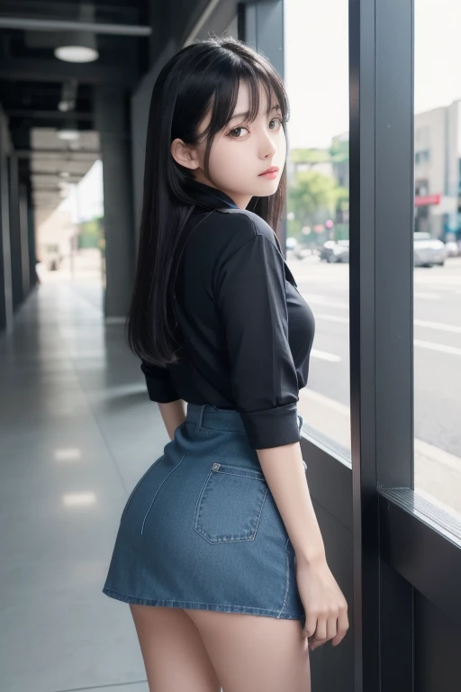 one girl, doggystyle position, in the center of hong kong of tokio, view from top behind