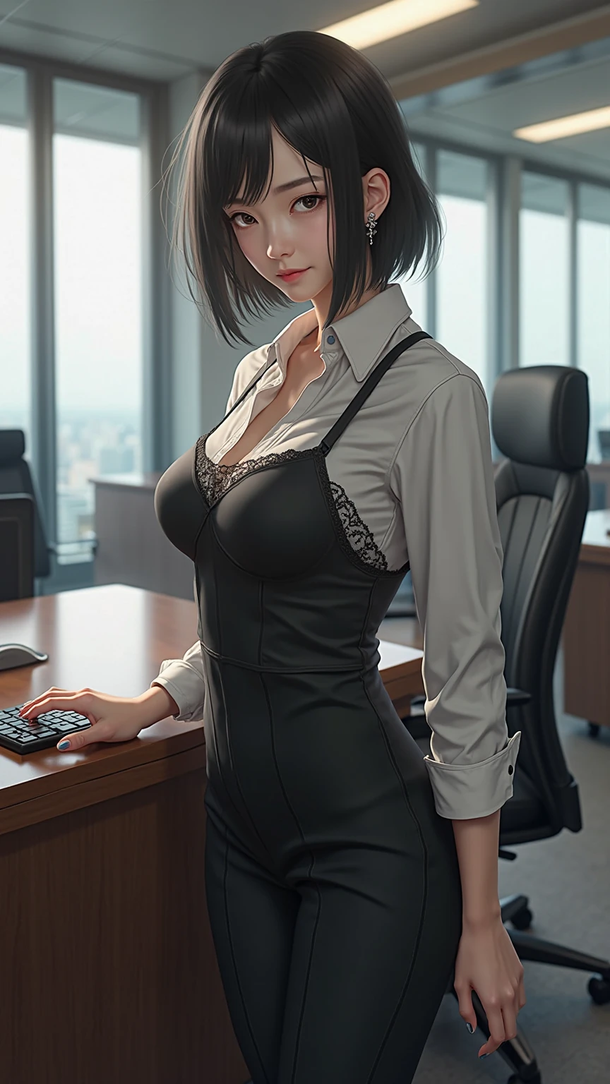 1lady sitting (crossed legs), office worker (stylish outfit), (pencil skirt), mature female, /(dark brown hair/) bangs, blush kind smile, (masterpiece best quality:1.2) delicate illustration ultra-detailed, large breasts BREAK (modern office indoors), window cityscape, detailed background