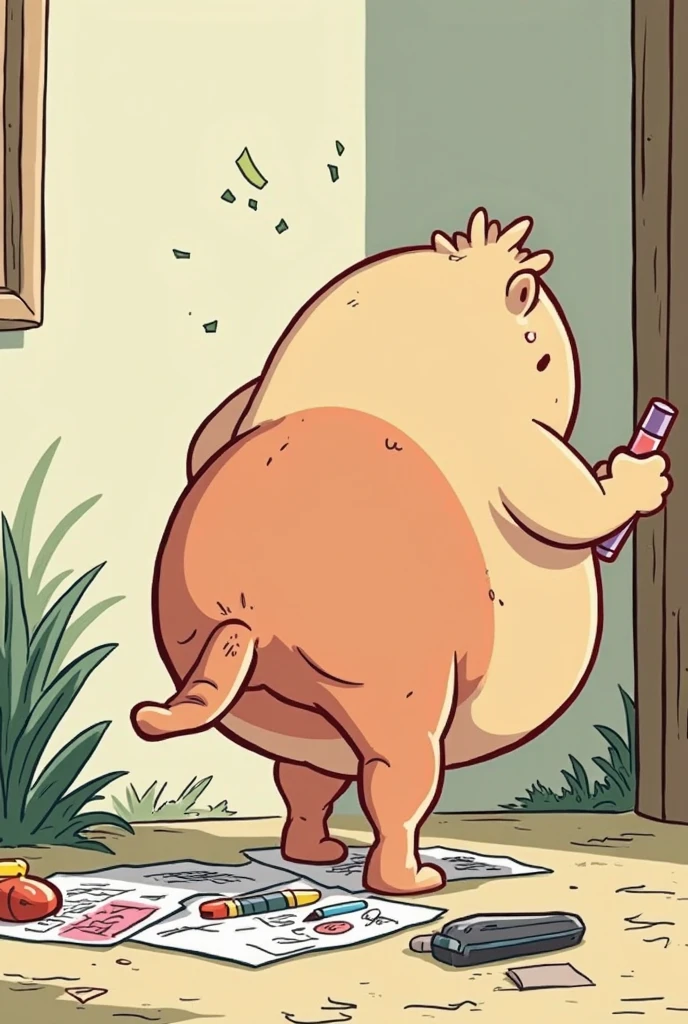 solo, two headed pig, masculine, tired, frown, by dramamine, (identical:1.9), obese, old, bathroom background, shirtless, nude, (back view:1.3), (tail:1.2)