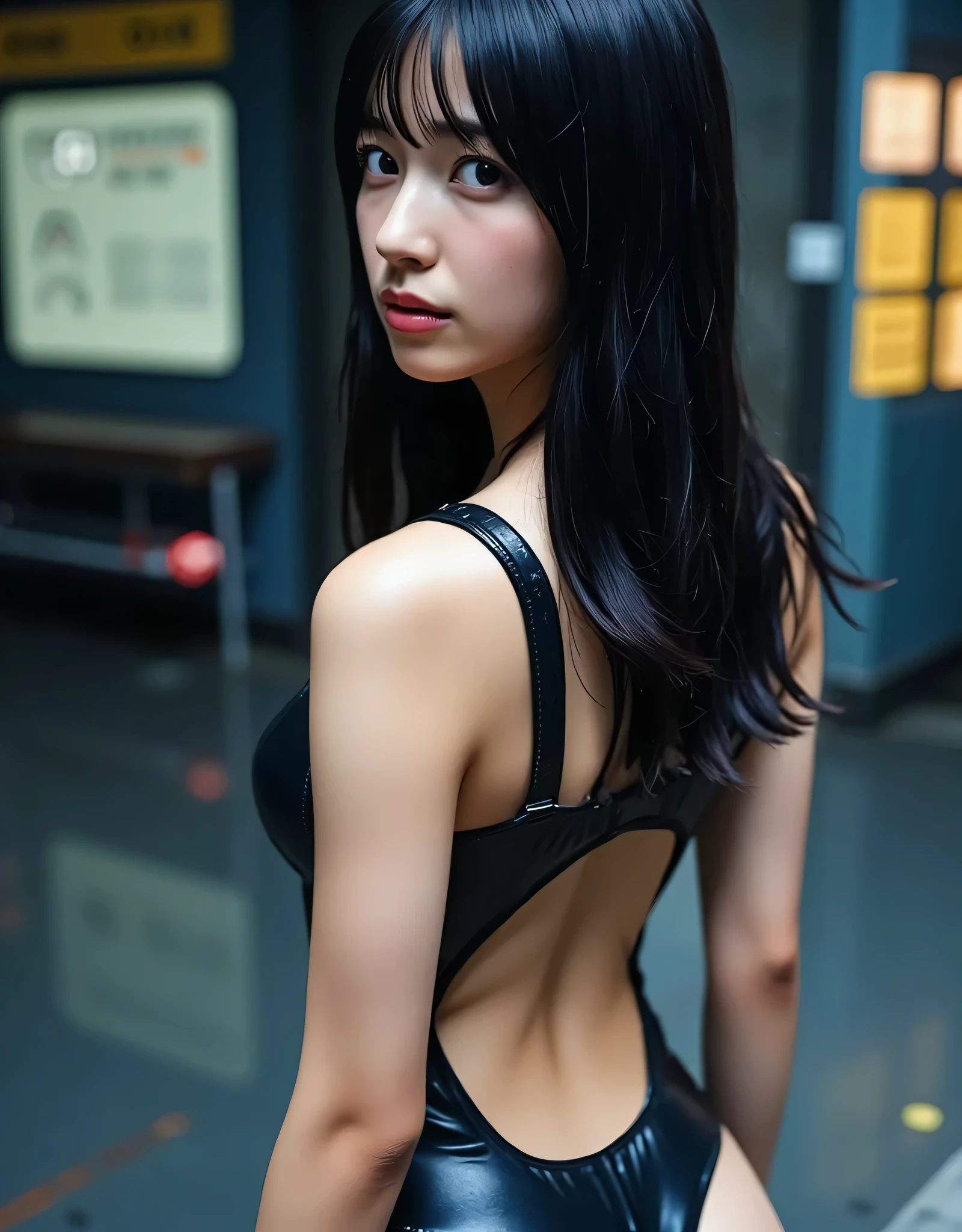 ((頭からつま先までfull bodyショット:2.0)),(((The dark interior of the Nostromo ship :2.0))),(((HR Gigger-style cyberpunk atmosphere:2.0))),((side view from the back,Side pose:2.0)),((squatting:2.0)),((I turn around to look at the camera:2.0)),((Looking Back Over Her Shoulder:2.0)),Rear View,((full body:2.0)),One woman,(cute face),(Beautiful well-balanced face ),(black hair:2.0),(beautiful eyes on my stomach:1.3),glamorous shot of a 20-year-old Japanese woman,Beautiful slender body,((model body type:2.0)),((slim body:1.7)),perfect body line,ideal proportions with the T-back off,((big breasts:2.0)),Bare thighs,Sensual Thighs,delicate body,(muscular:1.5),harmonious posture,((beautiful ass at the old train station:2.0)),((cute ass:2.0)),carefully depicting limbs based on perfect anatomy,(((super high-leg leotard in the style of a future black SWAT unit:2.0))),(((super high-leg leotard with a T-back))),((( Military Vest:1.5))),(ear monitor:1.5),((Tactical Holster:1.5)),(((Black fishnet tights with rough black mesh:2.0))),(gloves:1.3),concept art,(Highest Quality:1.5),(masterpiece:1.5),(超高resolution),resolution,UHD,(delicate depiction),carefully drawn,32k,((Realistic Skin Texture:1.5)),(((super realistic:1.5))),carefully draw eyelashes,Highly Detailed Faces,Highly detailed female hand,Extremely Sensual,(Blurry Dim Backgrounds :1.5),Professional Photography,(movie lights:2.0),((Blade Runner style lighting:2.0))