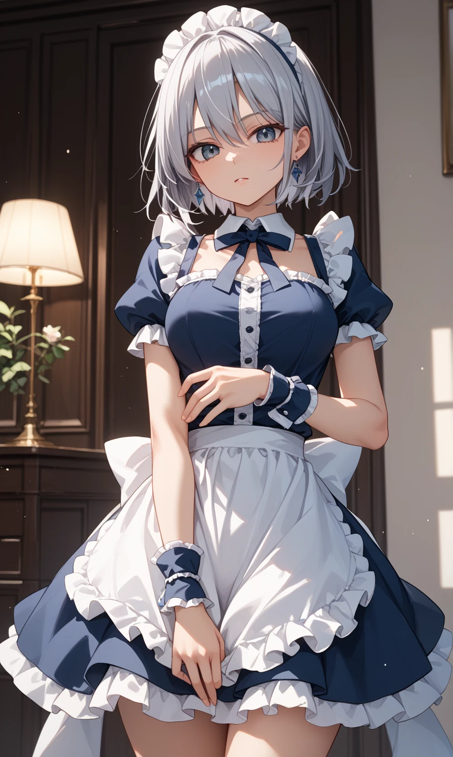 Teenage Girl，Attractions，Having fun，in love，(A girl wearing a colorful shirt, a bodice, and tights.:1.2)，(White ruffled bow gloves)，White hair，Blue eyes，Sacred headdress，Transparent lace，Beautifully dressed，Alone，European style bedroom，(night:1.1)，Delicate and beautiful face，