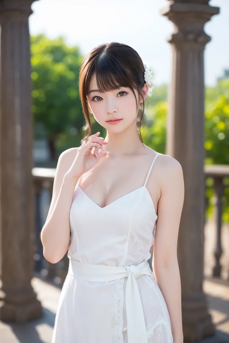 ((addielyn))、Random posture、(extremely delicate and beautiful work)、(masterpiece)、One girl、Highly Detailed Elegant Wedding Dresses、tiarra、A highly detailed、Warped ponytail、A charming expression、Beautiful and clear eyes、Green pupil、delicate necklaces、Delicate earrings、Simple blurry background、Description of extreme details、Beautiful fece、A charming、Ultra-fine painting、delicated face、Delicate figure、thin clavicle、Beautiful lips、Soft back view、mix4、(8K、Raw photography、top-quality、masterpiece:1.2), (reallistic, Photorealsitic:1.37),1girl in,Cute,Cityscape, natta, Sateen, Wetty, Professional Lighting, Photon mapping, Radio City, physically-based renderingt, above waist、乃木坂アイドル、韓国アイドル、hposing Gravure Idol、女優、